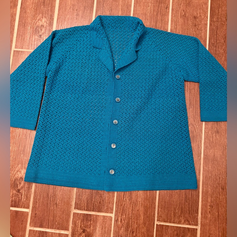 Hand Knit Cardigan 3/4 Sleeves Teal Large Grandma NWT